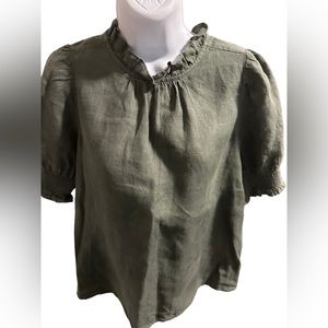 J. Crew linen blouse mockneck shirred puff sleeve sage green cottagcore spring